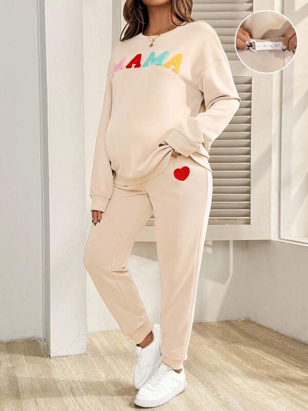 SHEIN 2pcs Maternity "Mama" Letter & Heart Print Long Sleeve Top And Pants Casual Sportswear Set Sweat Suits For Women Loungewear Women Comfy Sets Women 2 Pieces Lounge Sets Woman 2 Pieces Casual Sets Woman