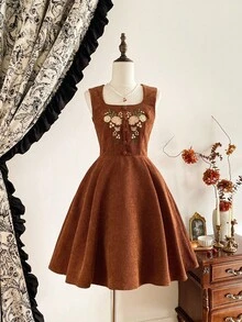 Vintamour Vintage Elegant Women's Corduroy Dress With Pockets Floral Embroidery Button Brown Floral,Autumn,Cottage Core,Tea Party Christmas Holiday Outfits - Brown - View 6