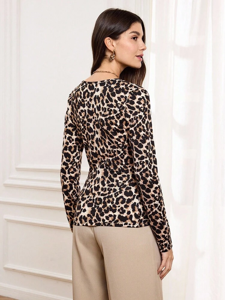 Miaspire Women's Wrap-Style Tie-Up Leopard Print T-Shirt, Elegant Autumn Tops,Chic Women's Tee Leopard Print Top Animal Print Top Cheetah Print Top Long Sleeve Top V-Neck Top,Wrap-Style Slim-Fit Top