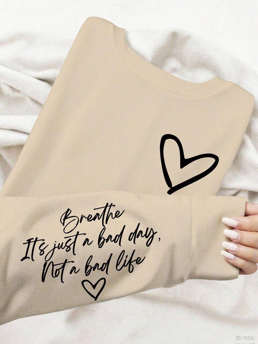 SHEIN Women Plus Size Heart & Letter Print Crew Neck Long Sleeve Sweatshirt - Apricot - View 1