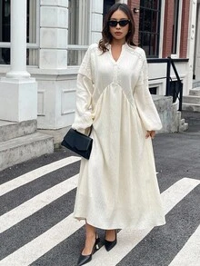 DAZY Women's V-Neck Cinched Waist Long Sleeve Loose Flared Dress Maxi Dress - White - View 4