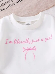 Sparklyn 两件套女童时尚粉色蝴蝶结印花白色圆领长袖上衣搭配粉色蝴蝶结装饰粉色裤子，甜美清爽风格，适合春秋冬季穿着。 - 白色 - 查看 6