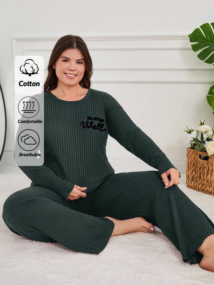 EURMUSE 100%Cotton 2Pcs Plus Cotton Slogan Printed Long Sleeve Shirt And Long Bottom PJ Set Womens Pajama Set Womens 2 Piece Pajama Set Womens Sleepwear Set Womens Lounge Set - Army Green - View 1