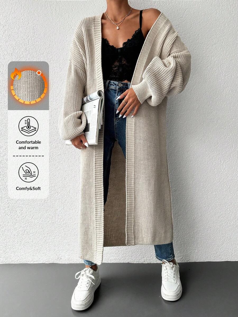 EURMUSE Drop Shoulder Open Front Longline Cardigan - Apricot - View 1