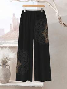 Lacomfia Conjunto de 2 piezas de top de cuello redondo y pantalones de ajuste holgado con estampado digital de acuarela floral para mujer - Multicolor - Ver 3