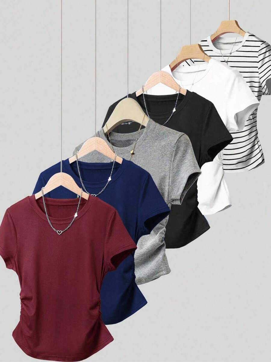 6pcs Women's Casual Everyday Pleated Waist Short Sleeve T-Shirts, Versatile - Burgundy - View 1
