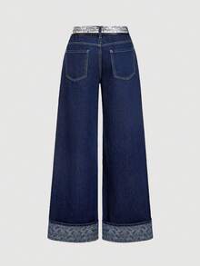 SHEIN MOD 女式休闲水洗阔腿牛仔裤（配腰带） - 藍色 - 查看 2