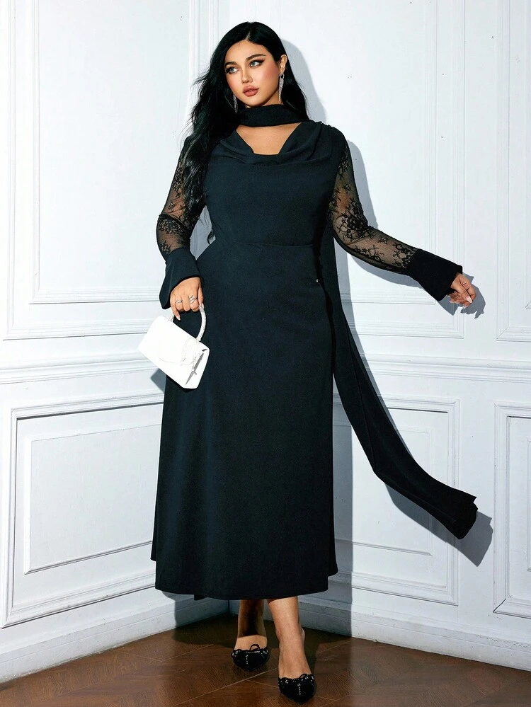 Viva Relle فستان أنيق للمرأة ذات الحجم الكبير بياقة مكشكشة ولمسات من الدانتيل على الخصر وأكمام طويلة - الأسود - مشاهدة 3