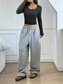 SHEIN EZwear 女式深灰色圆领长袖修身休闲T恤，秋季新品 - 深灰色 - 查看 4