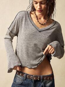 SHEIN BohoFeels Áo thun nữ tay dài cổ chữ V rộng rãi màu trơn đơn giản họa tiết tương phản phong cách Boho - Màu be - Xem 5