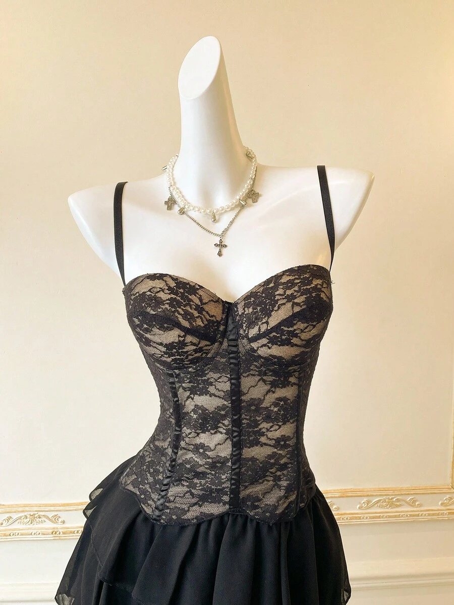 SHEIN MOD Lace Sexy Bustier Top With Fishbone Stitching And Spaghetti Straps, Fashion Outerwear - Black - View 1