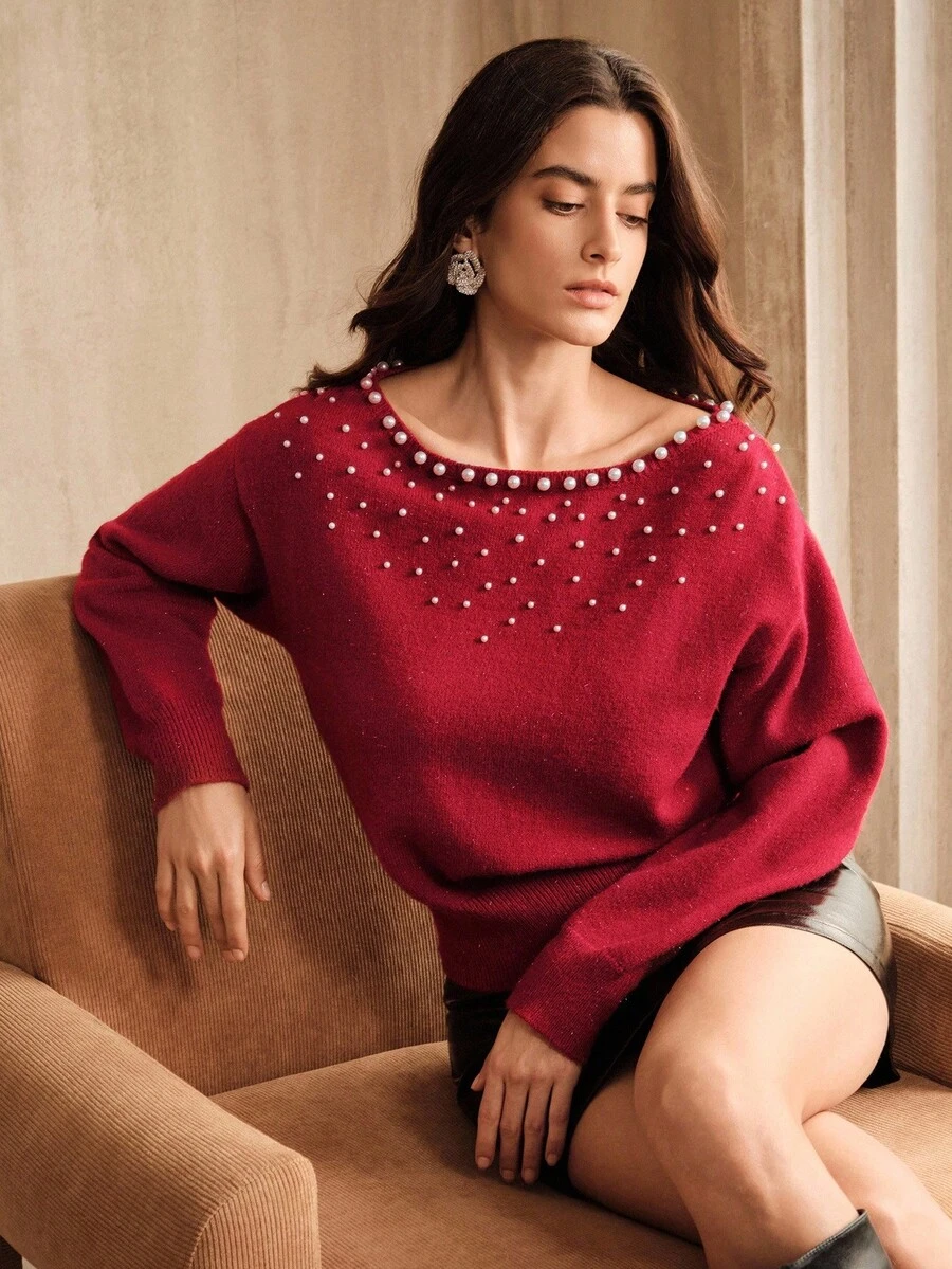 Anewsta Áo len dệt kim dáng rộng cổ tròn đính đá Rhinestone trang trí mùa thu/đông dành cho nữ, Áo chui đầu dệt kim thanh lịch cho Giáng sinh, mùa thu, mùa đông - Đỏ - Xem 1