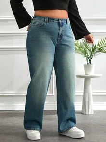 EURMUSE PLUS SIZE HIGH WAIST JEANS DENIM PLUS SIZE HIGH WAIST JEANS Jeans Wide Leg Curvy Jeans Plus Size Jeans Plus Size Wide Leg Jeans - أزرق متوسط - مشاهدة 6