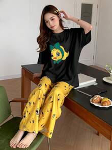 DAZY 可愛卡通圖案寬鬆夏季T恤和褲子睡衣套裝