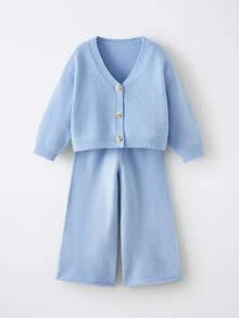 Maija Kids Maija Kids 2件套少女基础款纯色开衫和裤子针织毛衣套装 - 寶藍色 - 查看 1