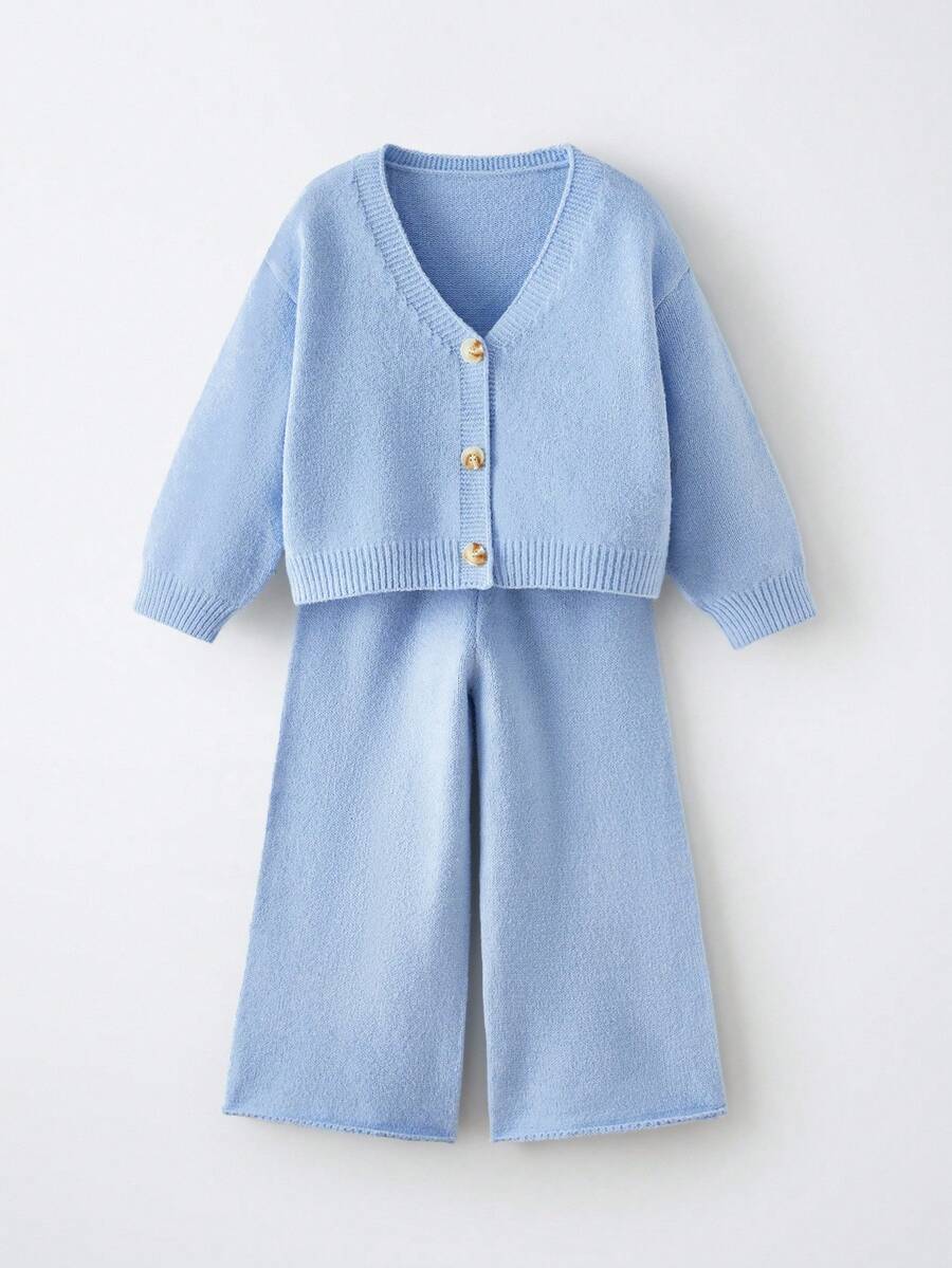 Maija Kids Maija Kids Bộ 2 áo len cardigan và quần dài màu trơn cơ bản cho bé gái - Xanh đậm - Xem 1