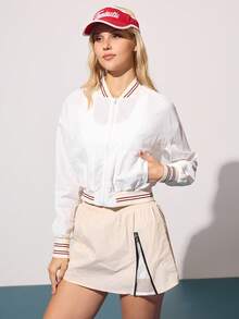 Gameset SHEIN Sport 女式条纹长袖拉链领网球运动棒球夹克 - 白色 - 查看 3