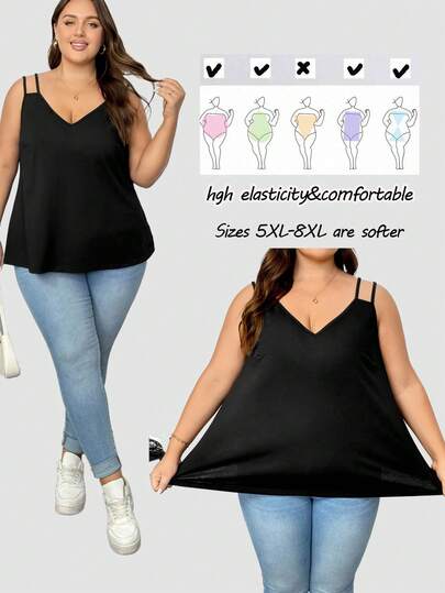 SHEIN CURVE+ Camiseta sin mangas de mujer de talla grande de color liso y fácil de combinar con cuello en V para verano/otoño/invierno