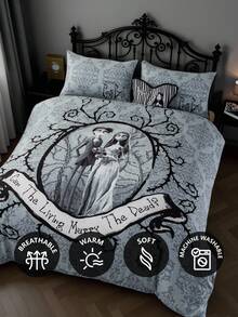 Corpse Bride X SHEIN 3pcs Vintage Cartoon Figure Graphic Duvet Cover Set, Brushed Fabric, Soft & Warm, Black Duvet Cover, Multiple Sizes Fit Twin/Full/Queen/King Bed, Goth - Grey - View 8
