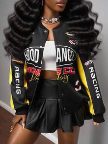 Slaydiva Women's Black Early Autumn Streetwear Everyday Back-To-School Baseball Jacket Retro Slogan Logo Printed Off-The-Shoulder Loose Long-Sleeved Jacket - Black - View 8