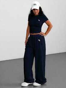 SHEIN EZwear 2 Pieces Spring/Summer Plus Size Women Casual Embroidered Logo Gray Set,Back To School - Navy Blue - View 5