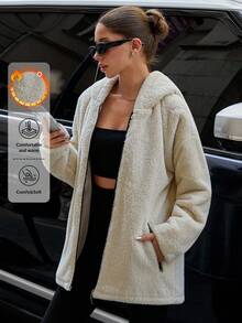 EURMUSE 女士纯色休闲泰迪优质连帽大衣 - 米色 - 查看 1