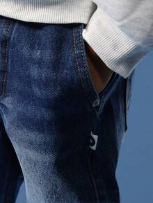 SUMWON 棉质弹力腰带套穿牛仔裤 儿童舒适宽松牛仔裤 休闲日常经典直筒水洗裤 秋冬春装 青少年风格 度假 - 藍色 - 查看 5