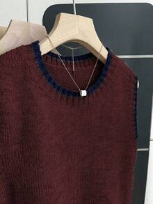 Franclia Lässiges, locker geschnittenes Damen Strickoberteil mit Rundhalsausschnitt, ärmellos, mit Kontrastbesatz, in Khaki, für Frühling/Herbst - Bordeaux - Übersicht 4