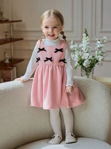 Souflis Souflis 2pcs Baby Girls' French Casual Velvet Ribbed Top & Pink Pinafore Dress Set,Cute Matching Family Pink And White Autumn Outfit With Bow Accent,Toddler - Pink - View 7