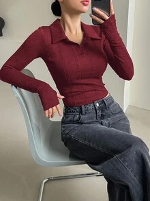 DAZY 学院风秋季新款单件女式Polo领修身纹理T恤长袖女式上衣 - 酒紅色 - 查看 2