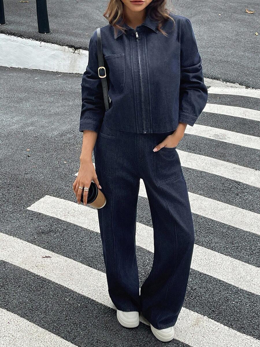 DAZY Bộ áo crop top cổ bẻ và quần jeans ống rộng thoải mái cho nữ - Màu xanh lam - Xem 1