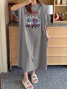 DAZY Rabbit Print Loose T-Shirt Sleepwear, Moo Moo Pajama - Grey - View 3