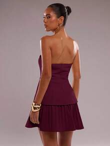 SHEIN BAE 女士优雅纯色褶边迷你吊带连衣裙，夏季 - 酒紅色 - 查看 2