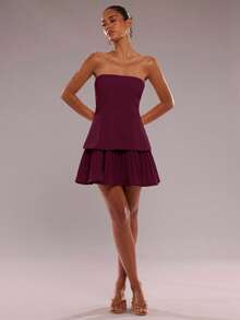 SHEIN BAE 女士优雅纯色褶边迷你吊带连衣裙，夏季 - 酒紅色 - 查看 4