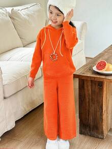 SHEIN Young Girls Casual Hooded Long Sleeve Sweater & Knit Pants Set Autumn Winter Clothes FoGirlen - Rust Brown - View 6