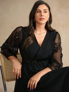 Flouryn 大码女式优雅 V 领亮片蕾丝拼接长袖、收腰 A 字型长款黑色雪纺超长连衣裙，适合派对、聚会 - 黑色 - 查看 4