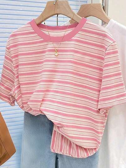 INAWLY Vintage Colorful Striped Women Short Sleeve T-Shirt, Casual Round Neck Top For Summer
