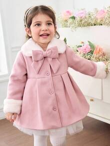 SHEIN Babygirl Cute Pink Fuzzy Collar Patchwork Jacket, Autumn/Winter Baby Girl Coats Baby Girl Pink Coat Toddler Girl Coats Girls Winter Coat Girls Dress Coat Fall - Pink - View 2