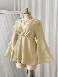 SHEIN Sweetro 大码女式绿色缎面荷叶边袖休闲衬衫 - 杏色 - 查看 4