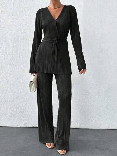SHEIN Tall Solid Cross Belted Top & Wide Leg Pants Womens Pantsuit Black Pantsuit Woman Suit Pants Suit Womens Suits Pantsuit For Women Black Pantsuit For Women Woman Pants Suit Pleated Pantsuit