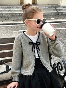 SHEIN 少女可愛灰色對比飾邊蝴蝶結前襟長袖休閒冬季開襟衫，秋季假期校園返校簡約母女款 - 灰色 - 查看 9
