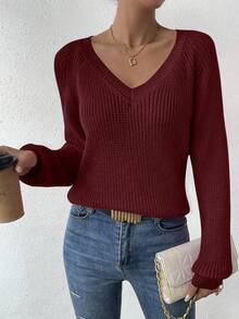 SHEIN LUNE Sweater Kasual Wanita Warna Polos Leher V Lengan Raglan, Musim Gugur/Dingin - Rose Red - View 5