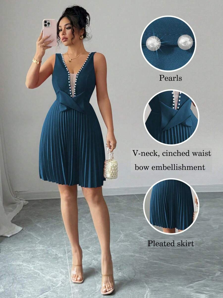 Elenzga 无袖V领珍珠装饰蝴蝶结腰褶优雅浪漫女士连衣裙 - 水鴨藍 - 查看 1