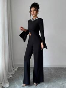 SHEIN Clasi 2pcs Women Black And White,Summer,Elegant,Party Night Mock Neck Flare Sleeve Asymmetrical Knit Sweater Top & Straight Leg Pants Set For Daily Outings - Black - View 4