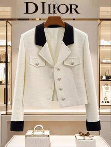 Franclia 女士优雅通勤撞色拼布常规夹克 - 杏色 - 查看 1