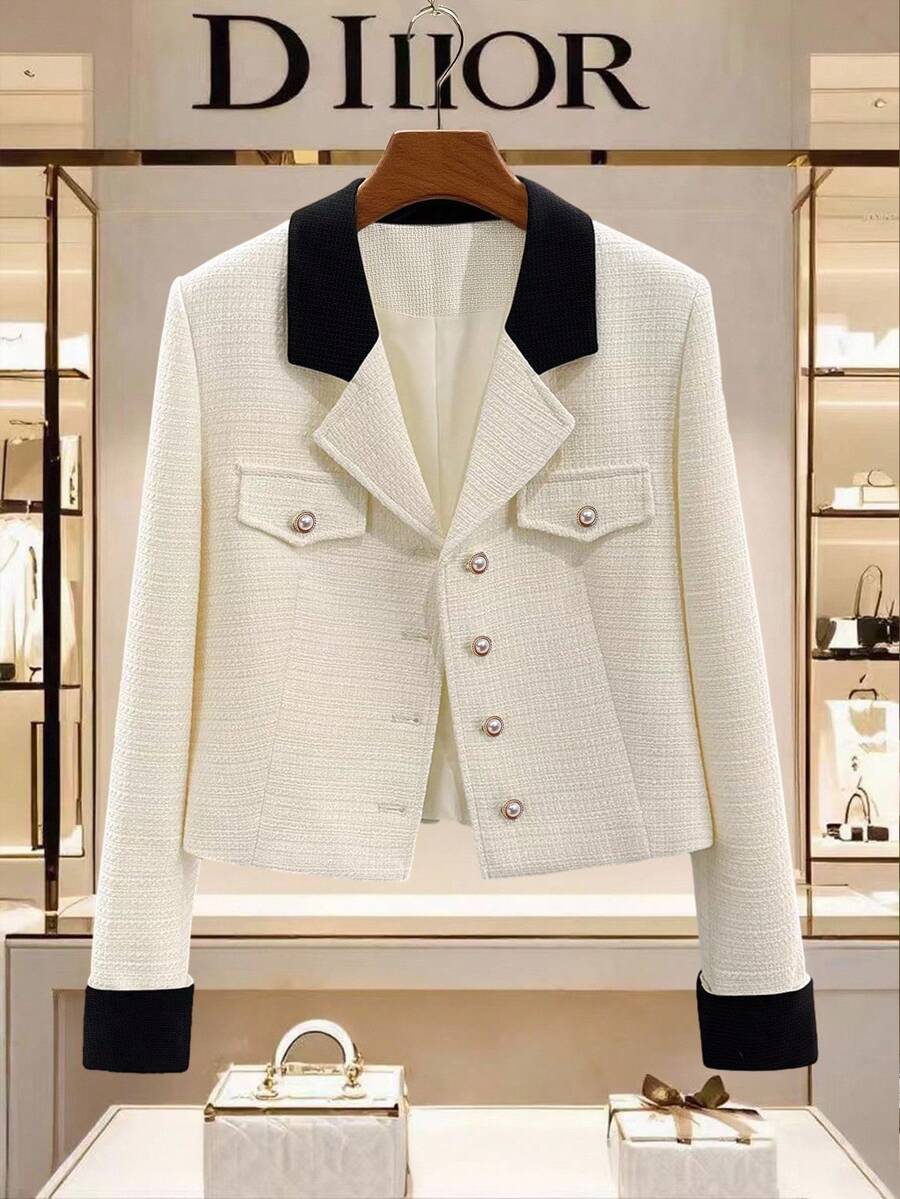 Franclia 女士优雅通勤撞色拼布常规夹克 - 杏色 - 查看 1