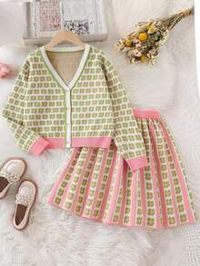 Conjunto de suéter con cuello en V y estampado floral en todo el Body con botones delanteros y falda para niña preadolescente, conjunto de dos piezas estilo preppy para la vuelta al colegio, traje de otoño - Verde - Ver 1