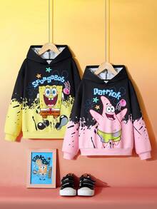 SpongeBob SquarePants | SHEIN 2pcs/Set Tween Boy Casual Sports Colorblock Cartoon Graphic Pullover Hoodie Sweatshirt Fall Winter - Multicolor - View 1