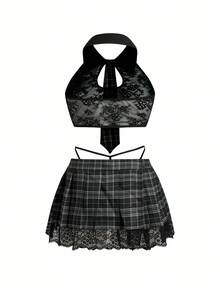 Fantasy Costume Set Lingerie Seksi Motif Renda Patchwork Halloween Ukuran Plus untuk Pelajar, 4 pcs - Hitam - View 10