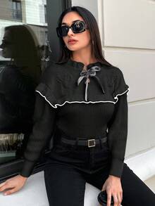 EURMUSE Jersey de manga larga con cordones y ribete de contraste para mujer - Negro - Ver 6